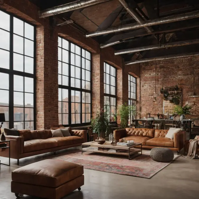 Converted Factory Living Room With Cognac Leather Sofas
