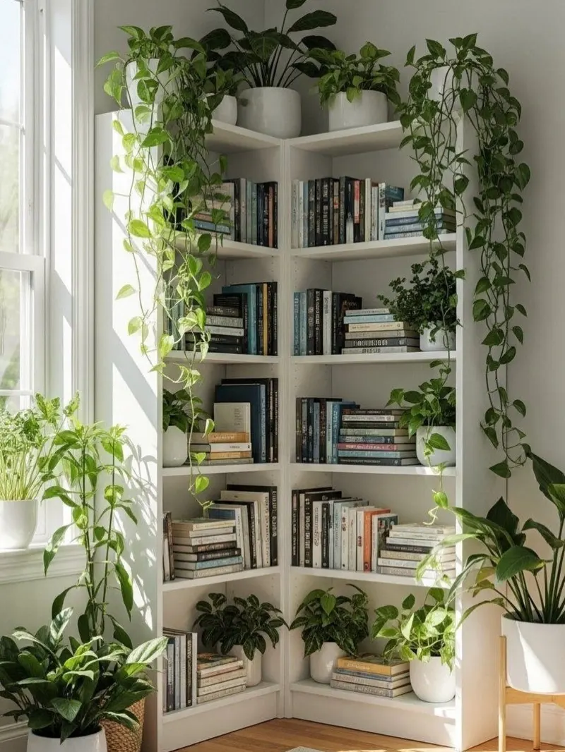 Corner Bookshelf Overflowing with Trailing Pothos