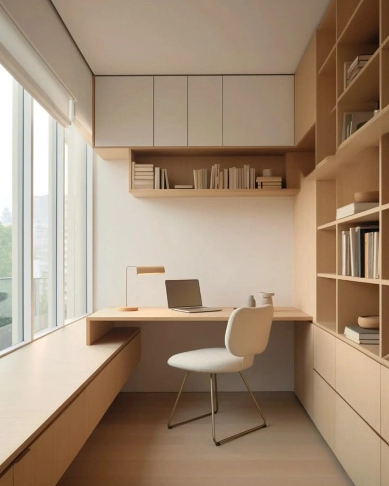 Corner Built In Desk with Wraparound Shelving and Window Bench