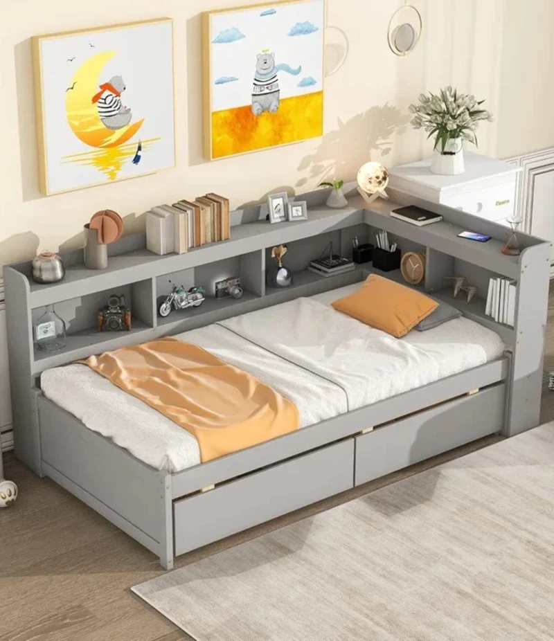 Corner Daybed with Wraparound Shelves and Underbed Drawers