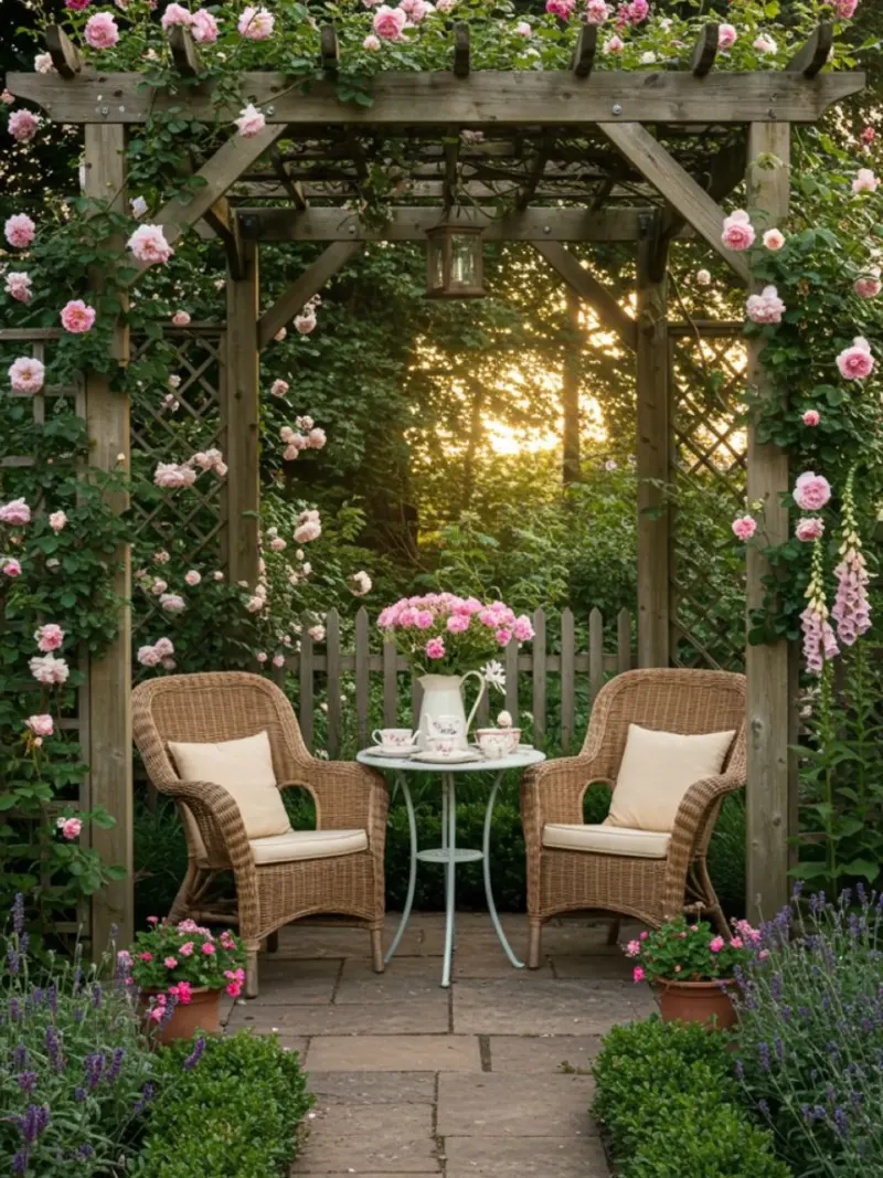 Cottage Garden Pergola with Climbing Roses and a Cozy Tea Corner