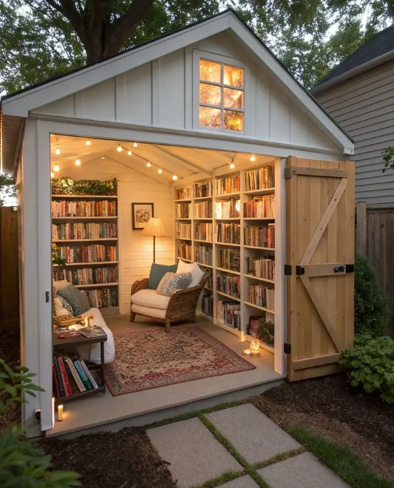 Cozy Backyard Library Shed with Floor-to-Ceiling Bookcases and Warm Lighting