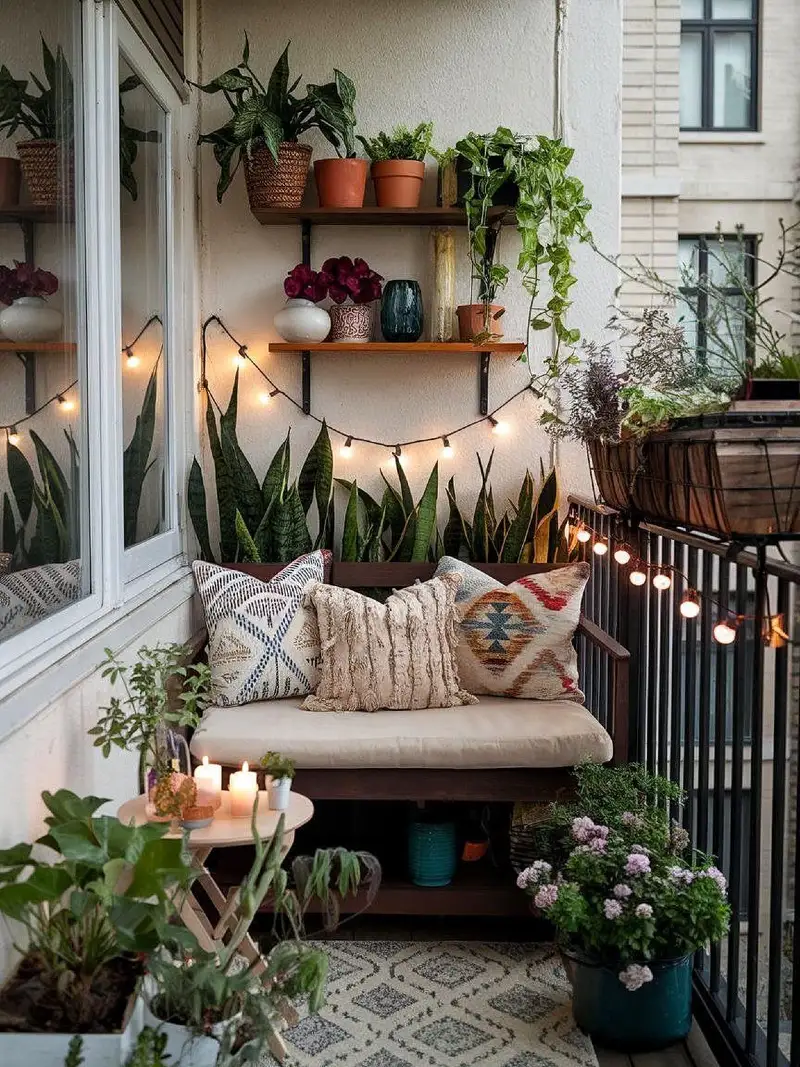 Cozy Bench Nook with Floating Shelves and Soft String Lights