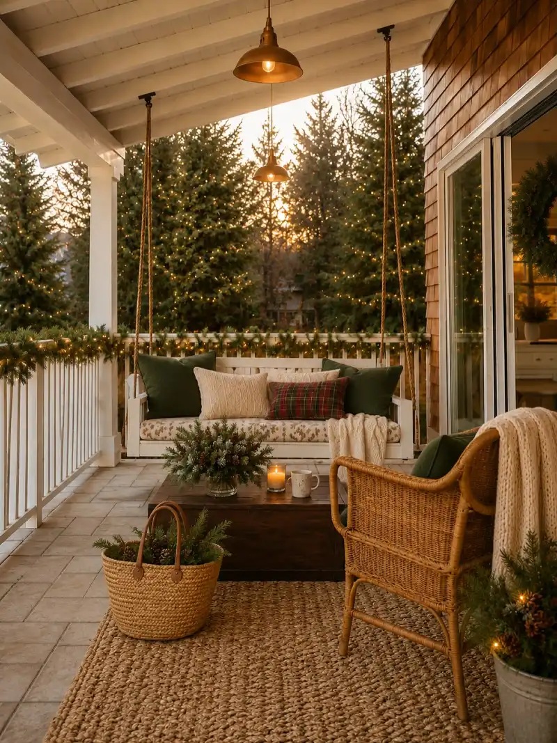 Cozy Porch Swing with Plaid Pillows, Chunky Knit Throws, and Woven Rug