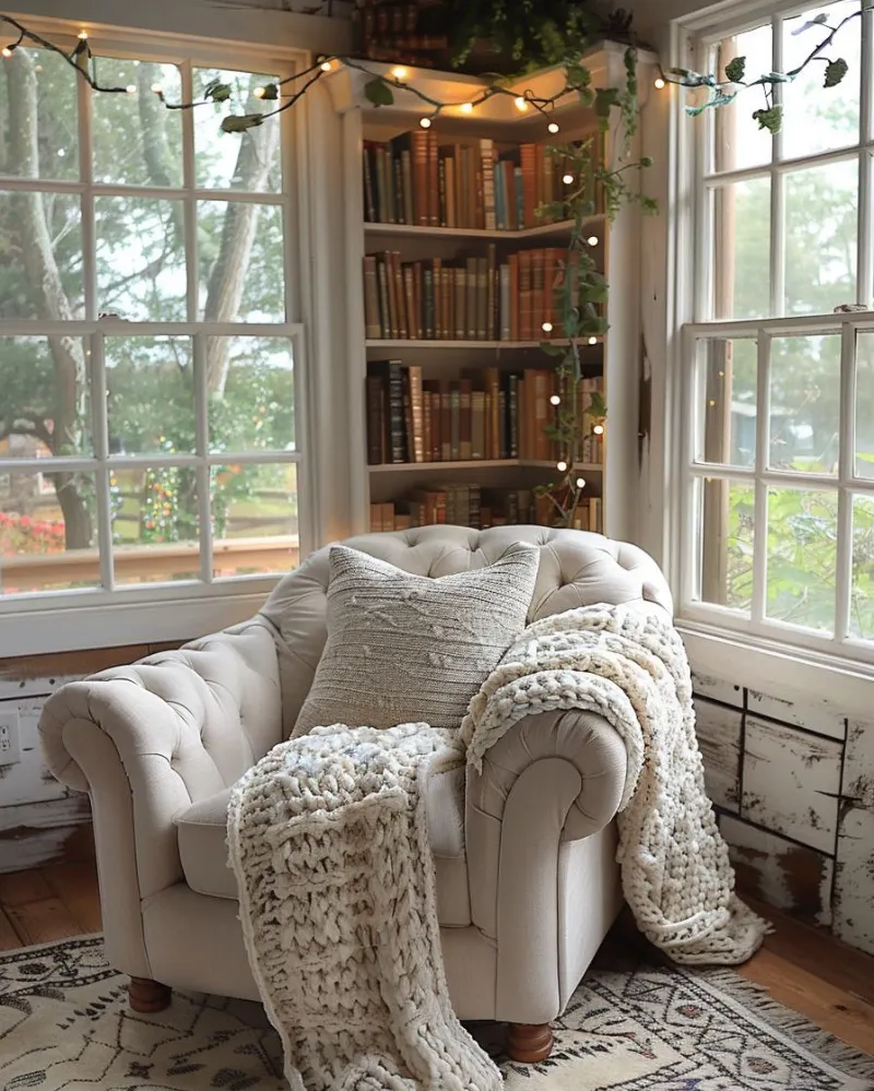 Cozy Reading Armchair Nook with Corner Bookshelf and Twinkling Vine Lights