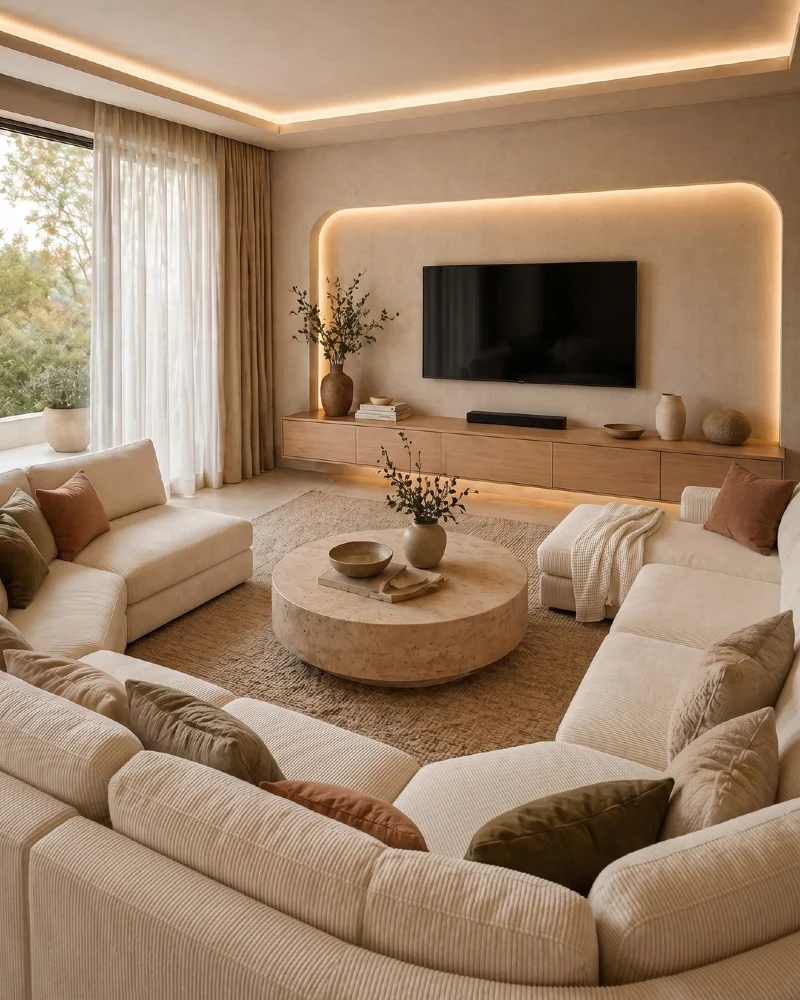 Cream Ribbed Sectionals Around a Round Stone Coffee Table