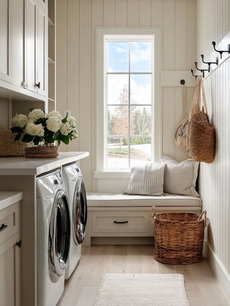 Cream Shiplap Mudroom Nook with Built-in Bench and Woven Storage Baskets