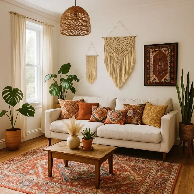 Cream Sofa With Macrame Wall Art