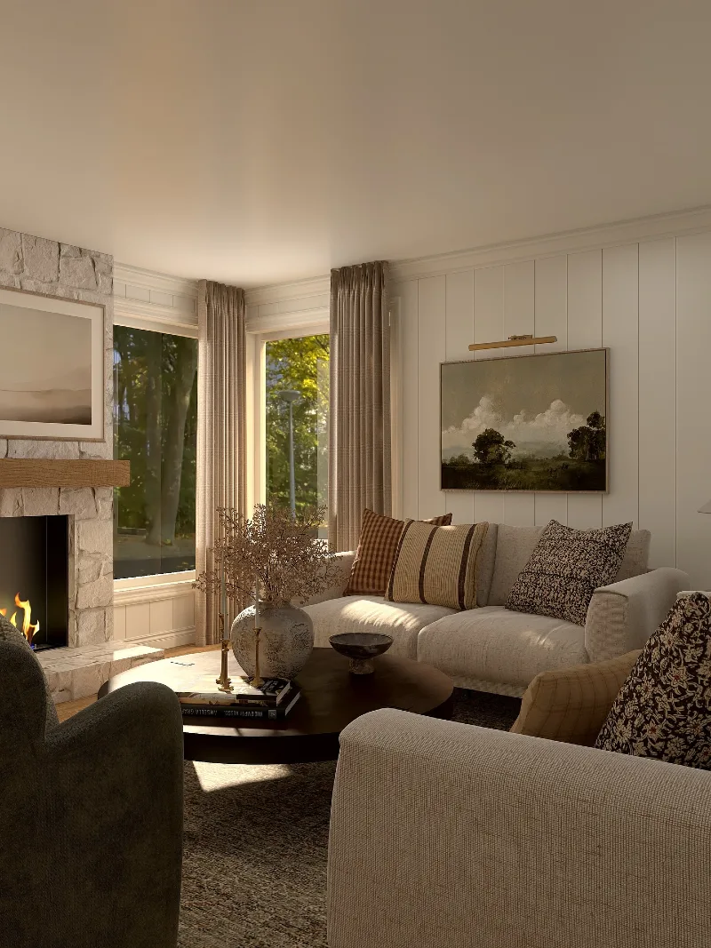 Cream Sofa with Stone Fireplace and Two-Chair Conversation Circle