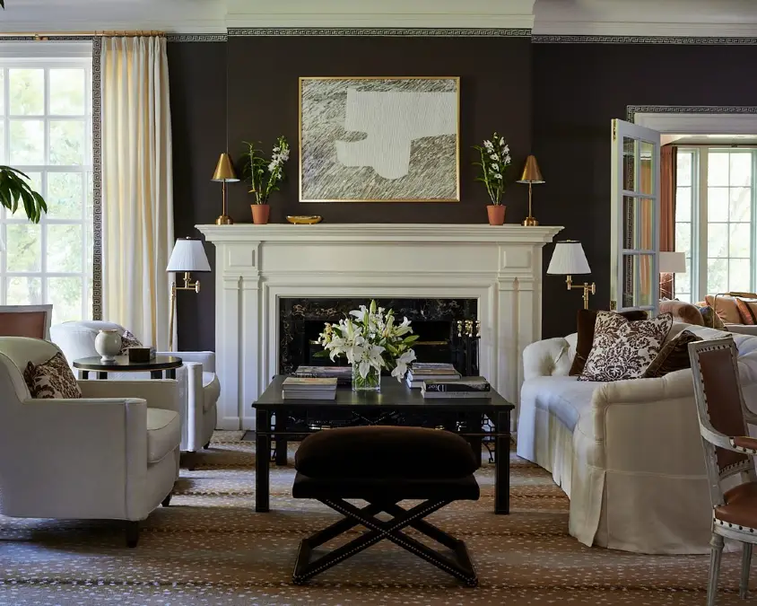 Crisp White Seating Against Matte Espresso Walls