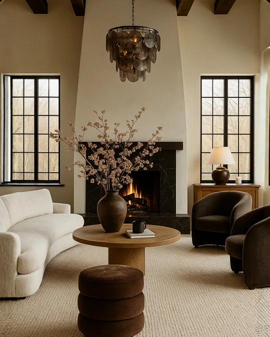 Curved Brown Seating Around a Warm Hearth