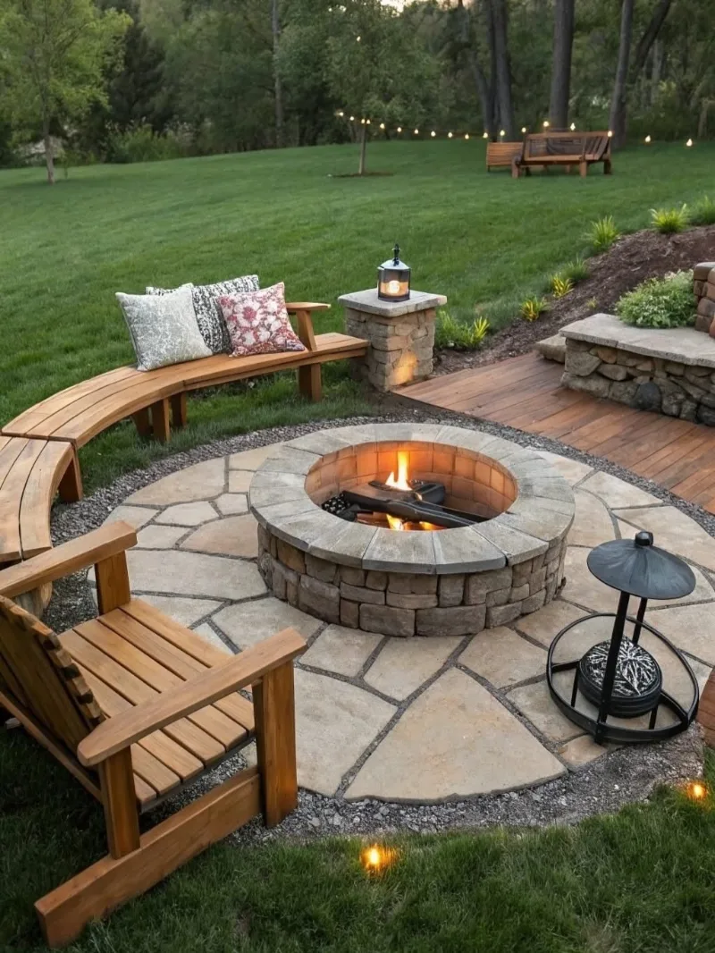 Curved Cedar Bench with Circular Stone Fire Pit and Split-Level Patio