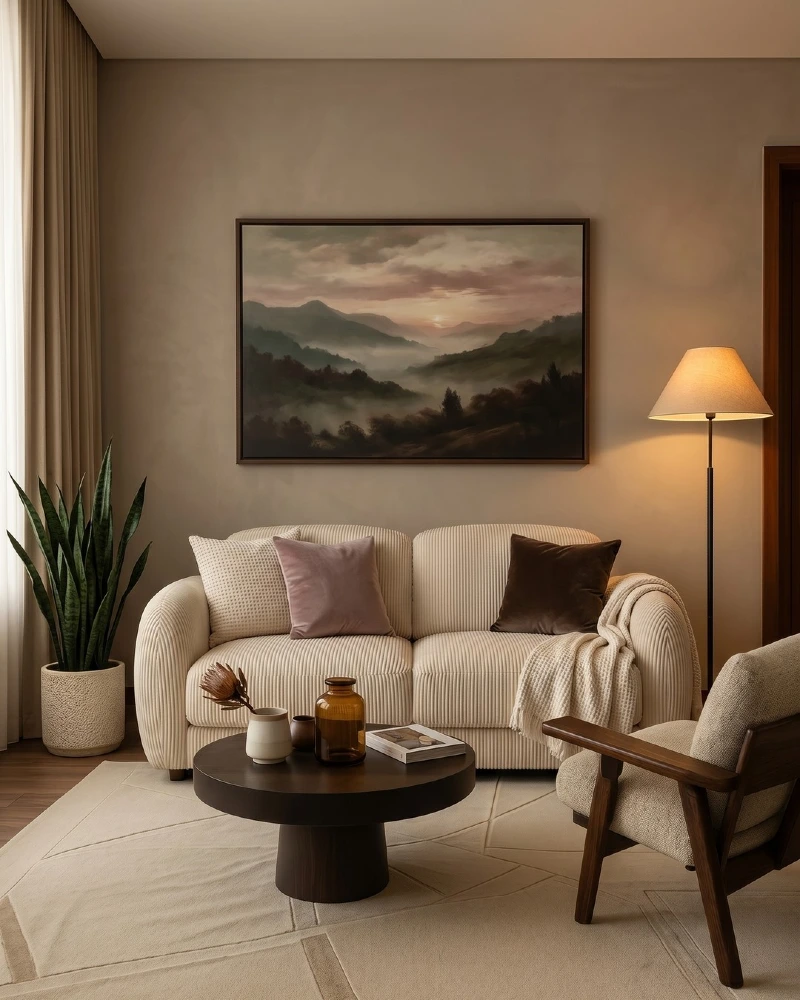 Curved Cream Sofa with Round Coffee Table and Mid-Century Accent Chair