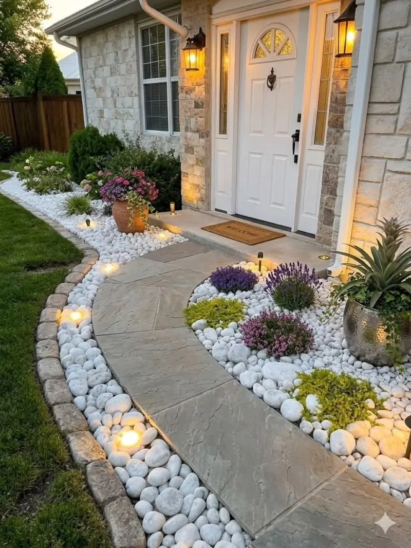 Curved Flagstone Path with White River Rock Beds and Soft Garden Lighting