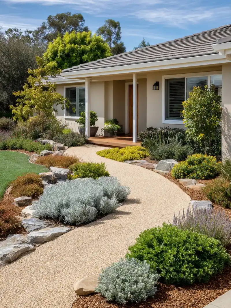 Curved Gravel Garden Walkway with Natural Rocks and Drought-Friendly Planting