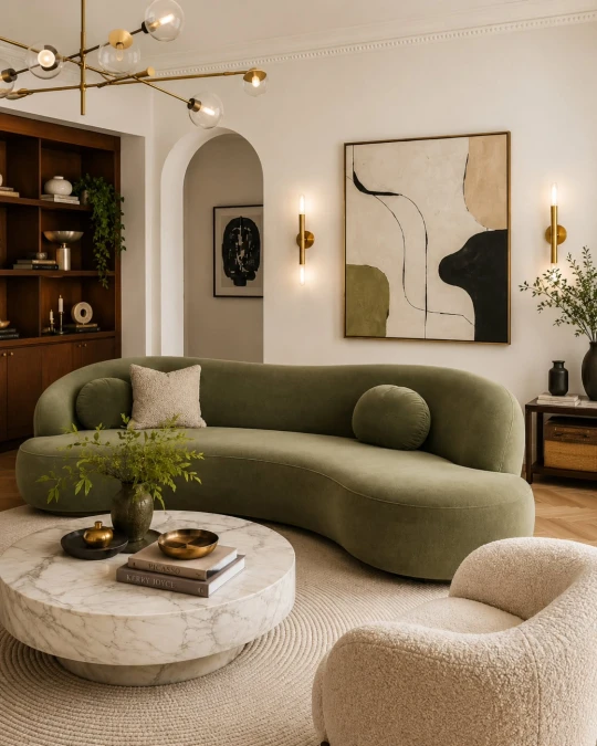 Curved Green Sofa And Marble Centerpiece