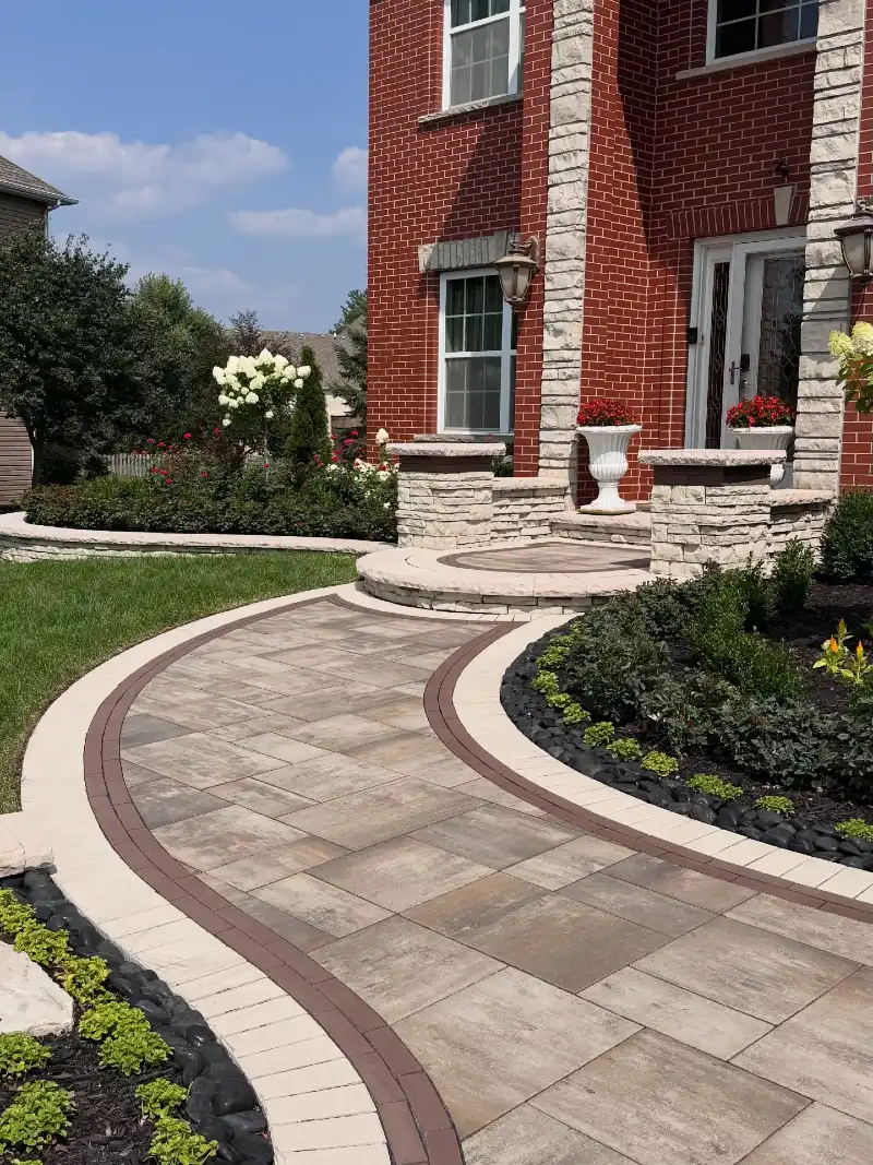 Curved Multi-Tone Paver Walkway with Decorative Border Inlays