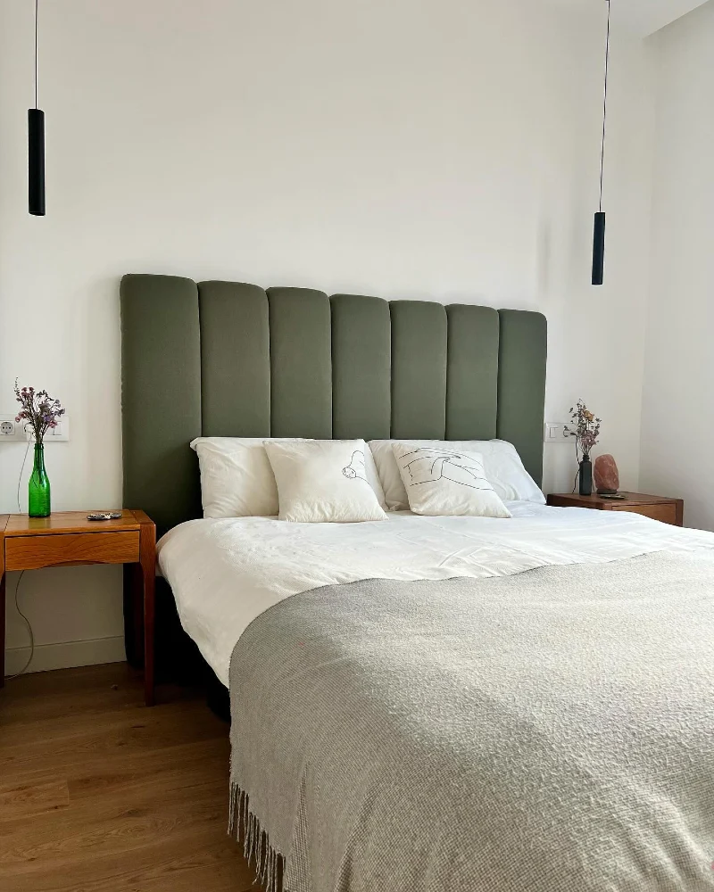 Curved Olive Green Channel Padded Headboard with Slim Black Pendants