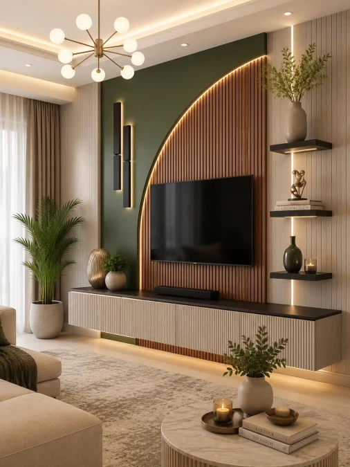 Curved Wood Slat Media Wall