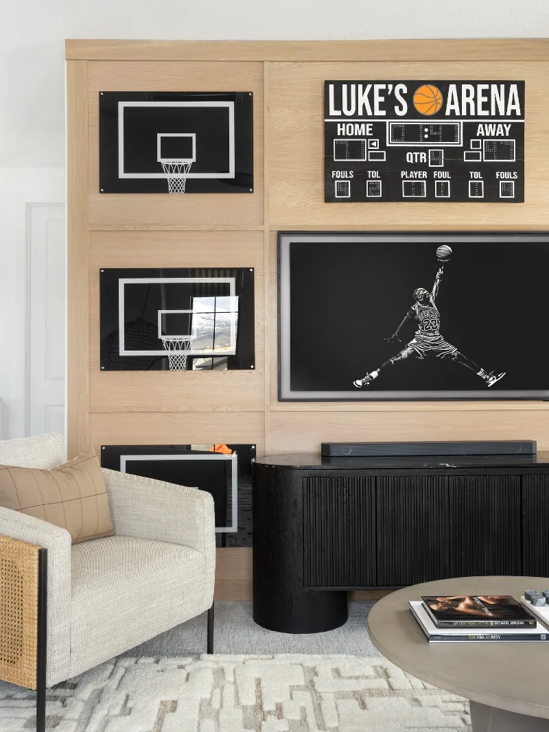 Custom Oak Panel Media Wall with Fluted Black Console and Scoreboard Sign