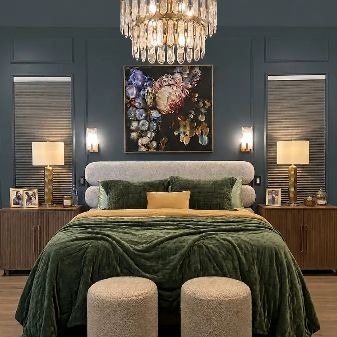 Dark Blue Bedroom With Green Velvet Bedding