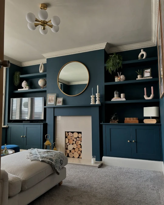 Dark Blue Built In Fireplace Wall