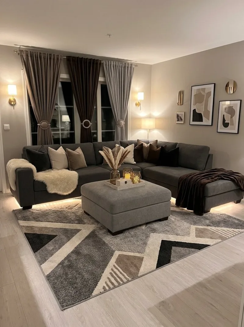Dark Grey Sectional with Under-Sofa LED Lighting and Geometric Area Rug
