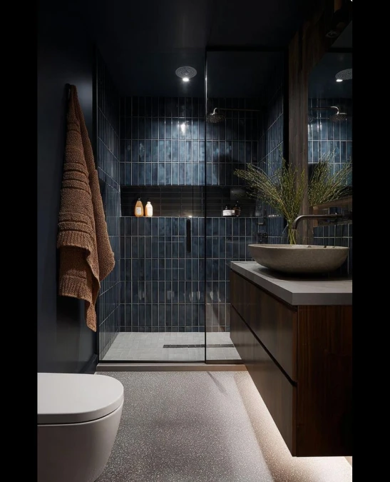 Dark Indigo Tiles and Floating Walnut Vanities