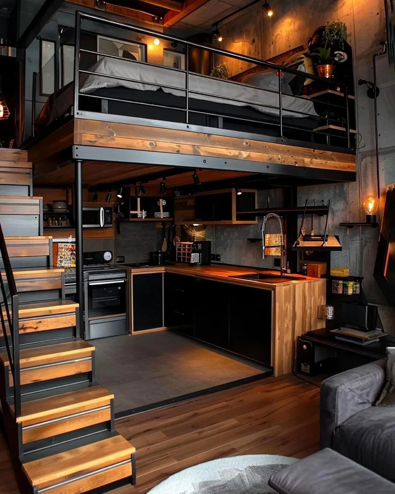 Dark Industrial Kitchen Under Wood Beam Loft Bed with Black Steel Guardrails