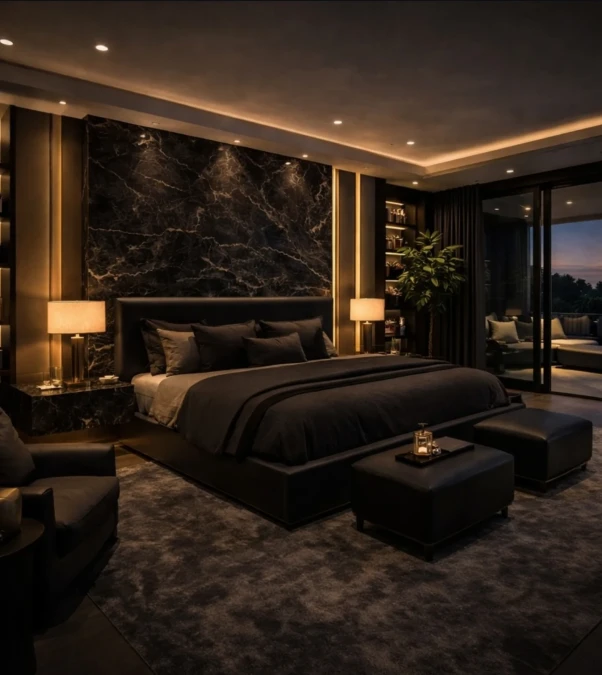 Dark Marble Anchored By Amber Lighting
