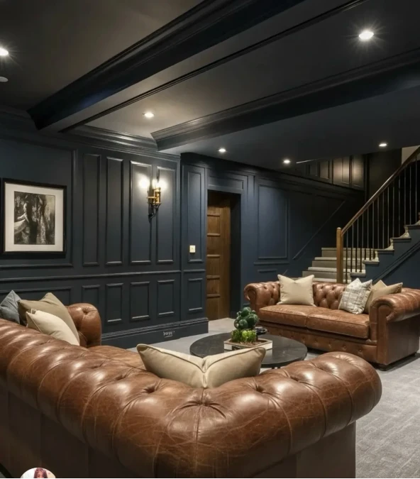 Dark Navy Basement With Brown Leather Sofas