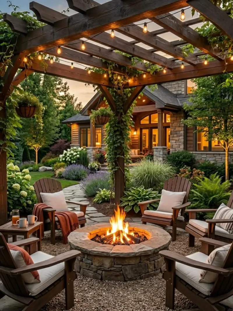 Dark Timber Pergola with Climbing Vines and Circular Stone Fire Pit