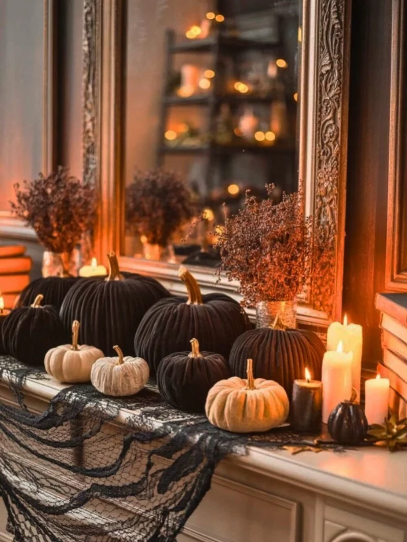 Dark Velvet Pumpkins on a Mantle with Lace and Warm Candlelight