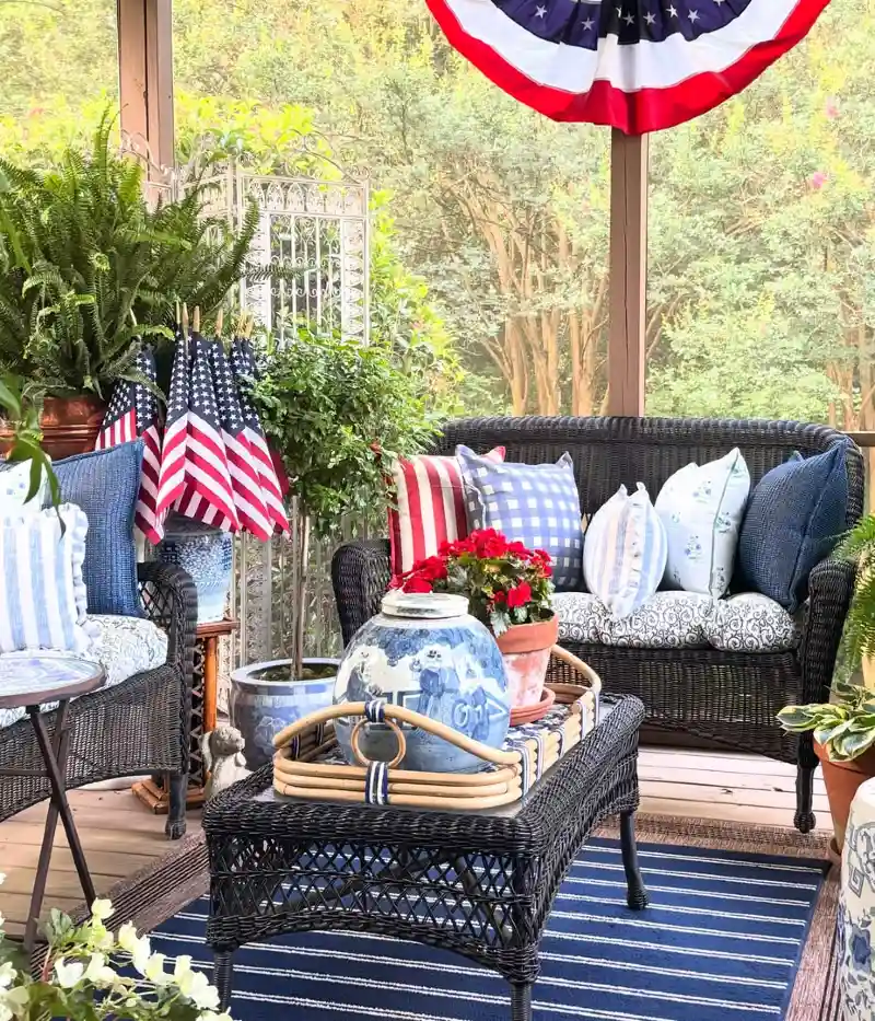 Dark Wicker Seating with Chinoiserie Ginger Jars and Blue Gingham Pillows