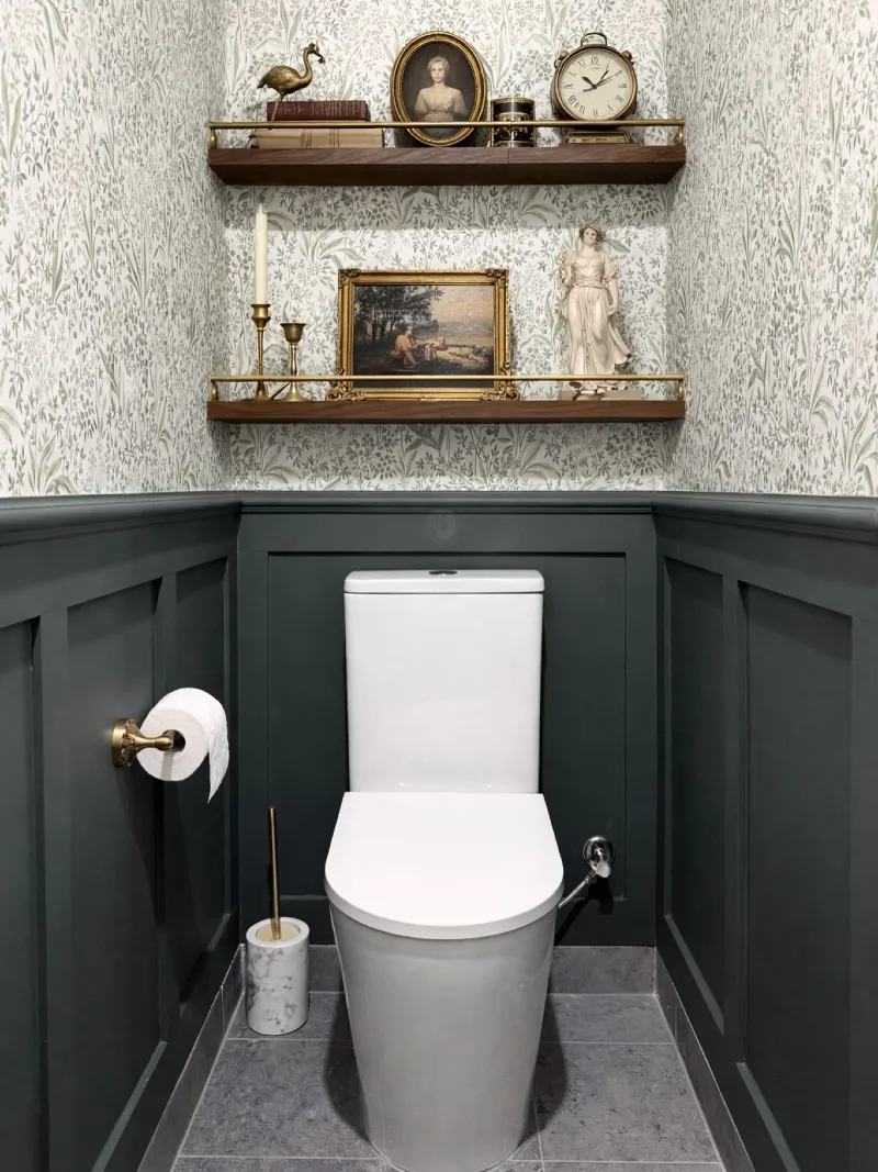 Dark Wood Rail Shelves with Traditional Portraiture