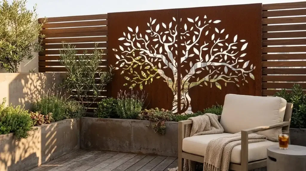 Decorative Corten Steel Screen With Wood Slats