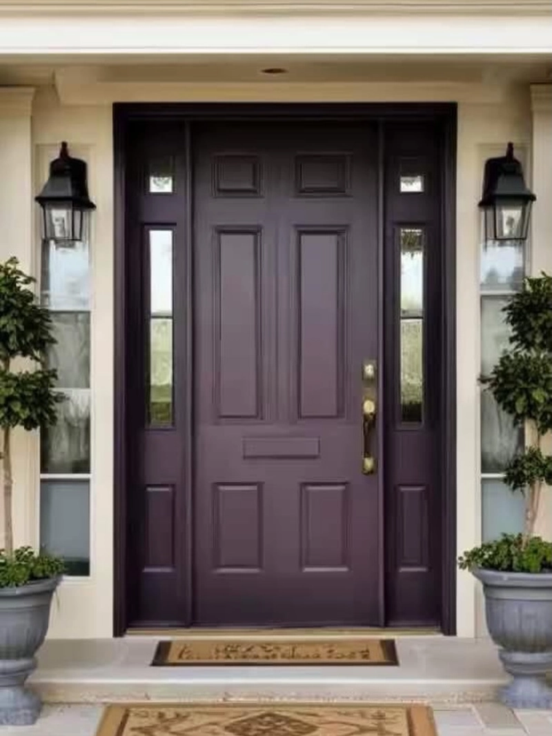Deep Aubergine Front Door with Matching Sidelights and Twin Lanterns