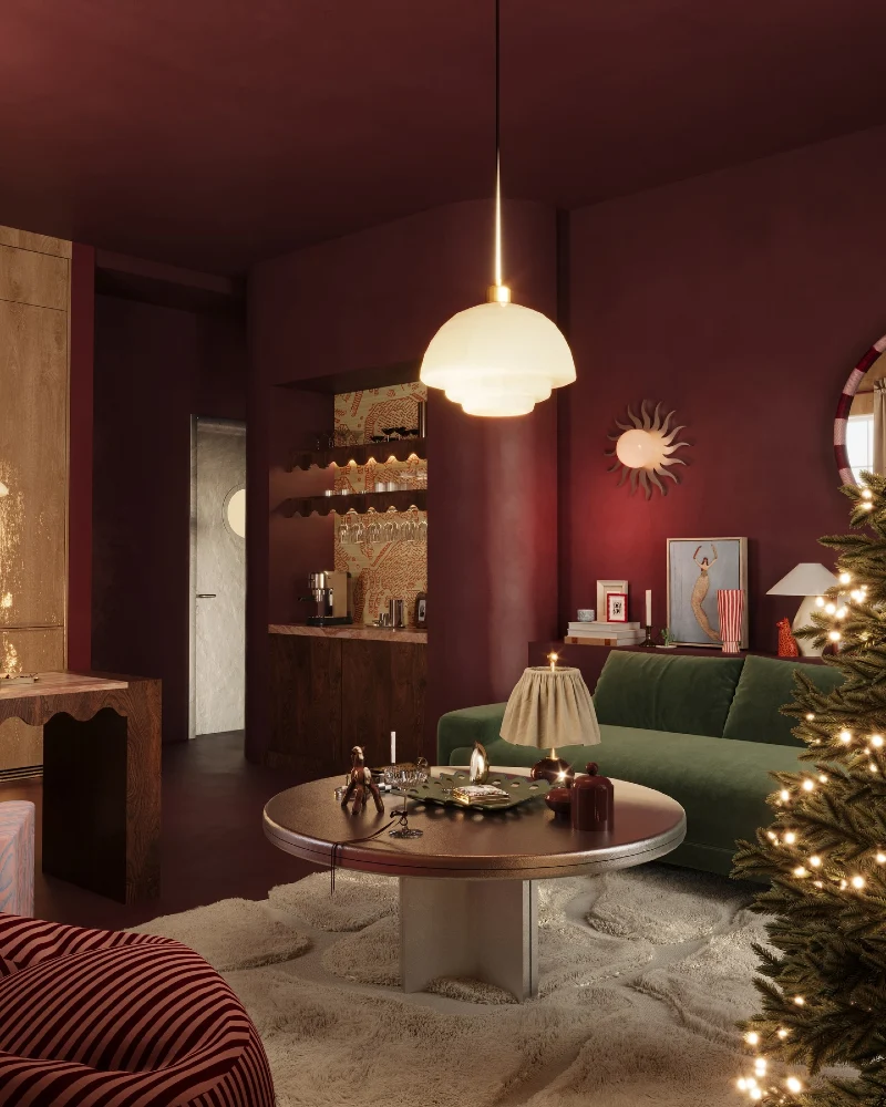 Deep Burgundy Room with Olive Seating and Warm Lighting