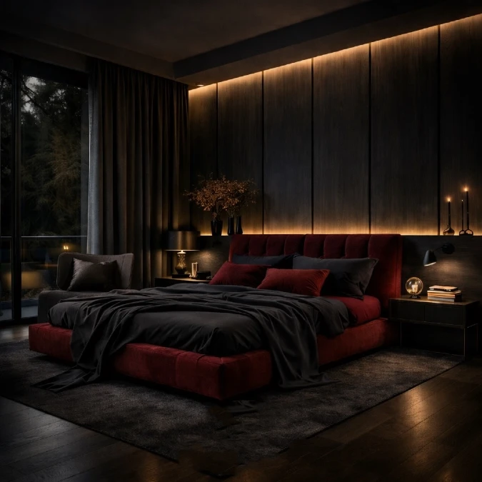 Deep Burgundy Velvet Against Dark Wood Paneling