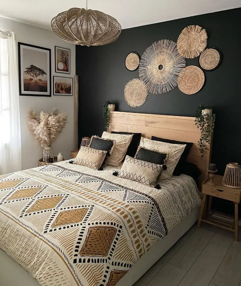 Deep Coal Accent Wall with Woven Straw Platters and Light Oak Headboard