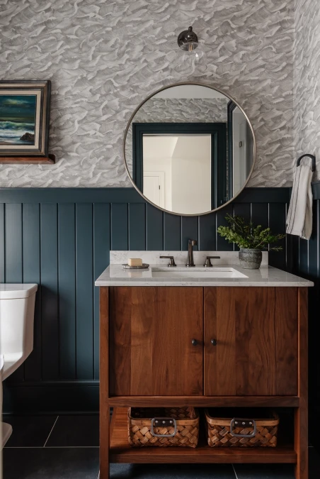 Deep Navy Wainscoting and Fluid Wallpaper