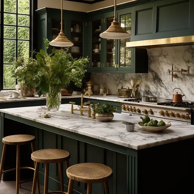 Deep Olive Cabinetry With Unlacquered Brass Details
