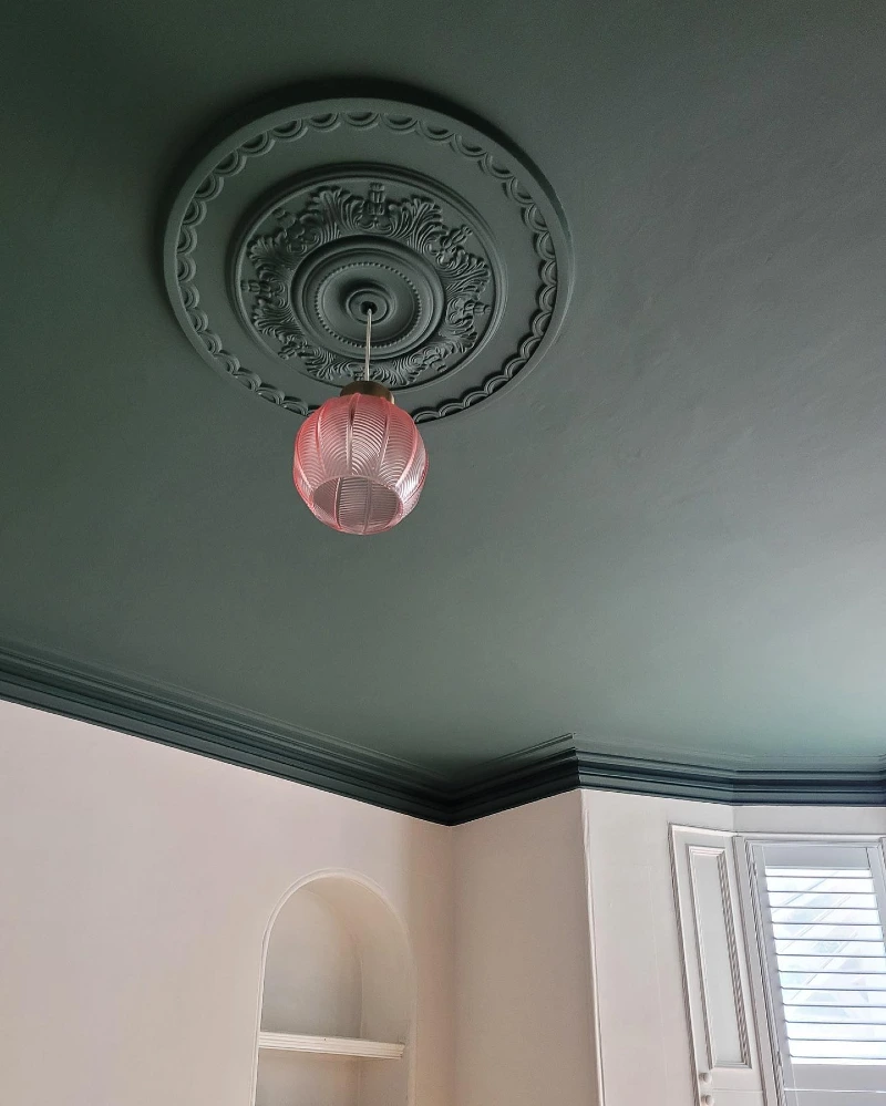 Deep Sage Ceiling and Matching Medallion with Ribbed Pink Glass Pendant Light