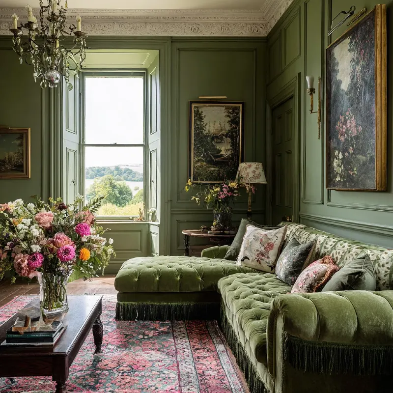 Deep Sage Paneled Walls with Fringe Velvet Sectional, Antique Art, and Sprawling Florals