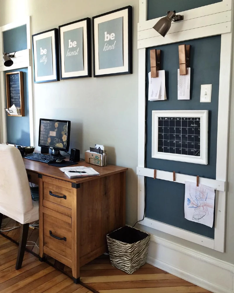 Deep Slate Blue Framed Accent Wall with Wooden Clothespegs and Whiteboard