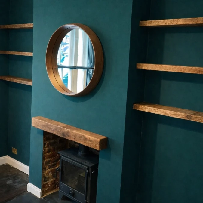 Deep Teal Alcoves With Wood Shelving
