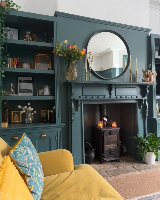 Deep Teal Built Ins With Yellow Accents