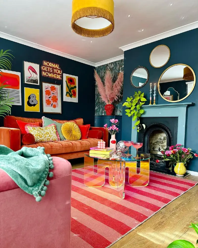 Deep Teal Living Room with Sunset-Orange Velvet Sofa and Iridescent Coffee Table