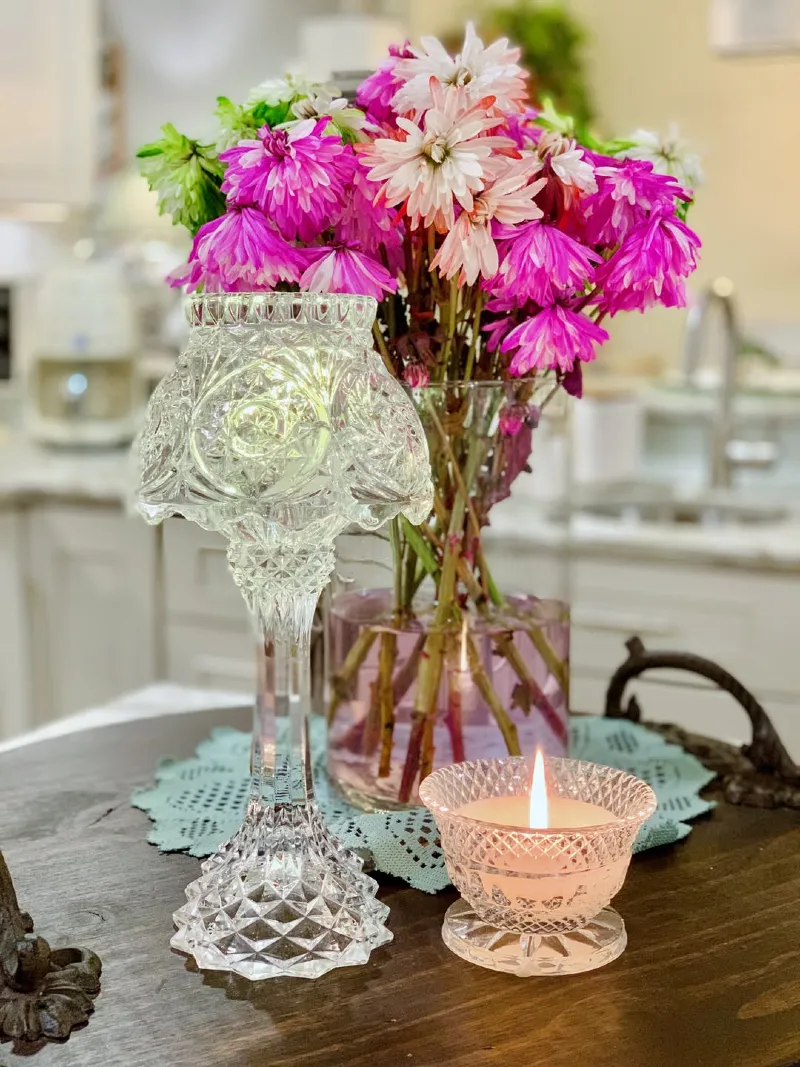Diamond-Cut Crystal Candlestick Lamp with Pink Pressed-Glass Bowl Candle and Fresh Chrysanthemums