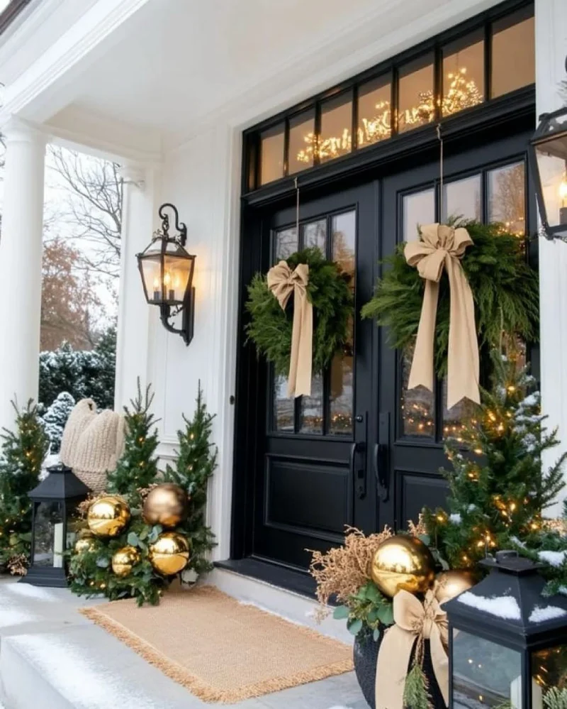 Double Black Doors with Champagne Bows and Oversized Gold Ornaments